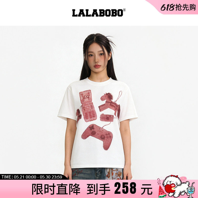 【童禹坤同款】LALABOBO26年春新款短袖美式复古小马印花宽松T恤