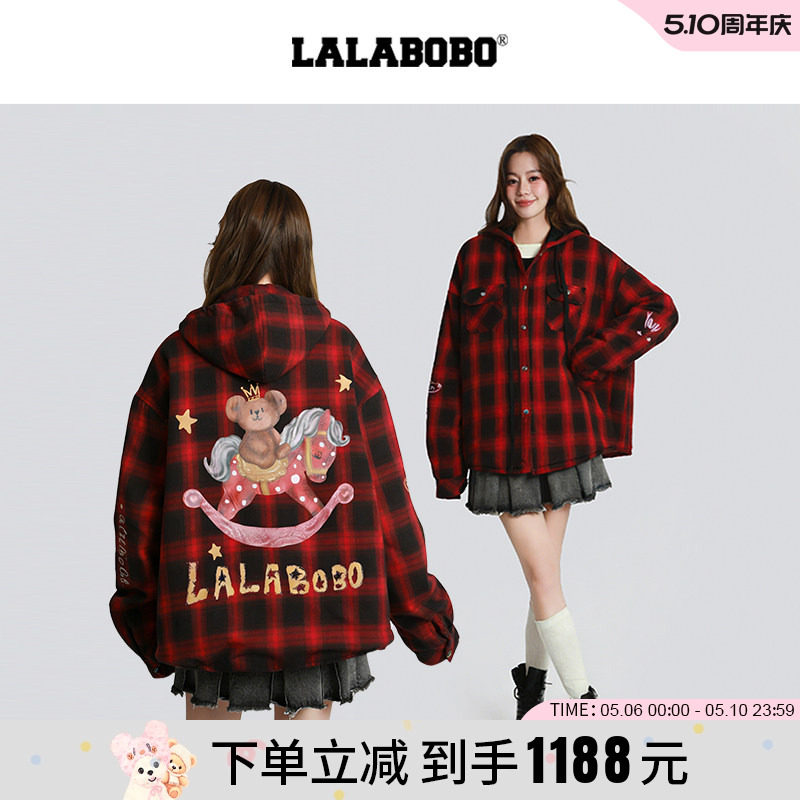 【新年红色】LALABOBO25年冬新款格纹夹棉衬衫女宽松连帽棉服外套