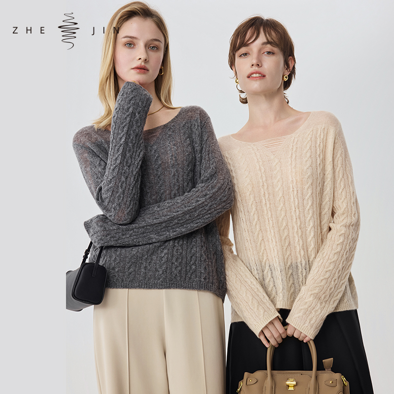 浙锦2025新款秋桑蚕丝羊绒针织爱心领长袖舒适透气显瘦