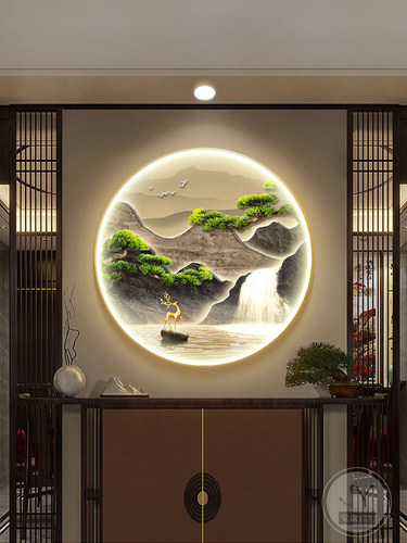 流动的水，财富，圆形入口装饰画，高端Led灯画，大气山水画，客