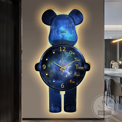可爱熊玄关装饰画创意钟表挂画客厅入户走廊壁画网红创意灯画