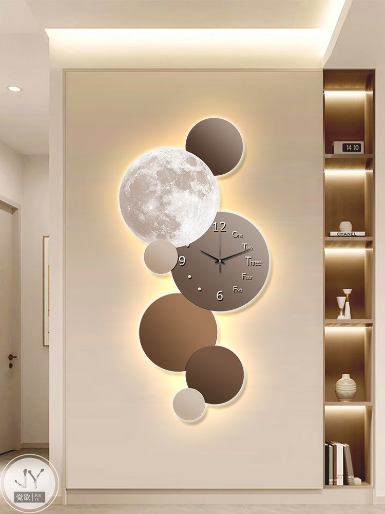 轻奢大气玄关装饰画月球带灯发光画客厅过道走廊尽头壁画钟表挂钟