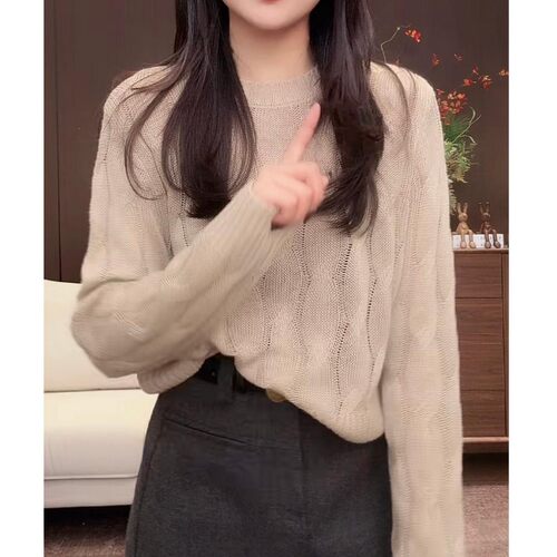 【复古麻花】秋季绵羊毛洋气减龄百搭针织毛衣显瘦短款圆领毛衣a2