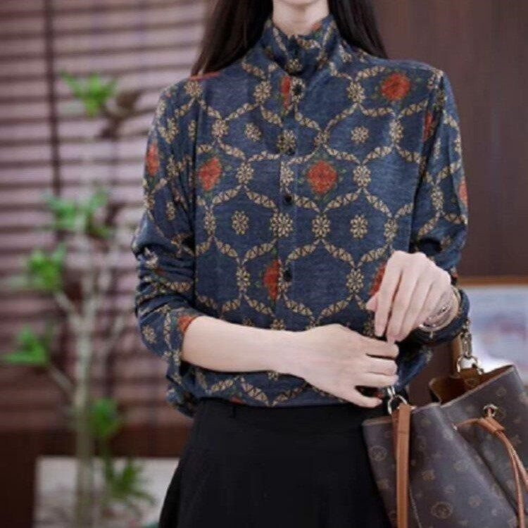女士时尚印花高领长袖T恤宽松大码薄款上衣春秋新款穿搭选择a8