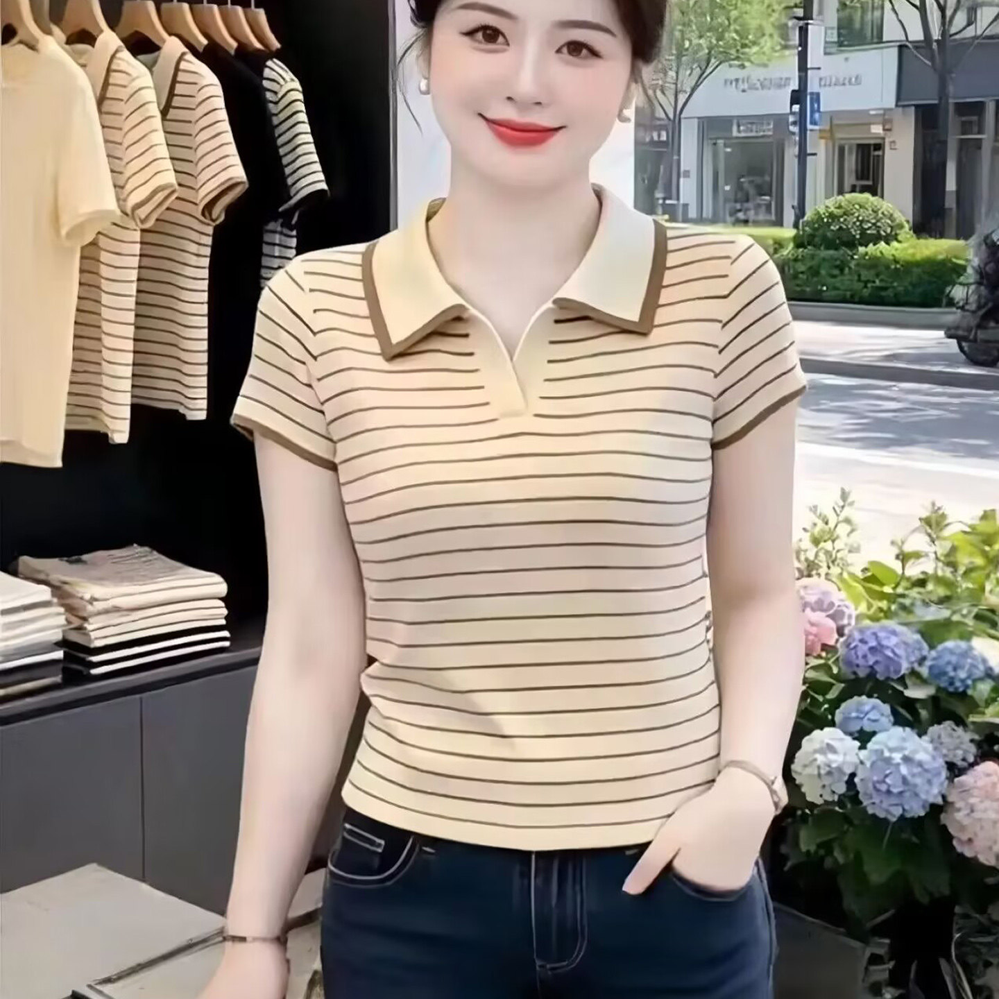 素禾服装2026新款条纹翻领Polo衫夏季女士宽松显瘦T恤百搭上衣a1