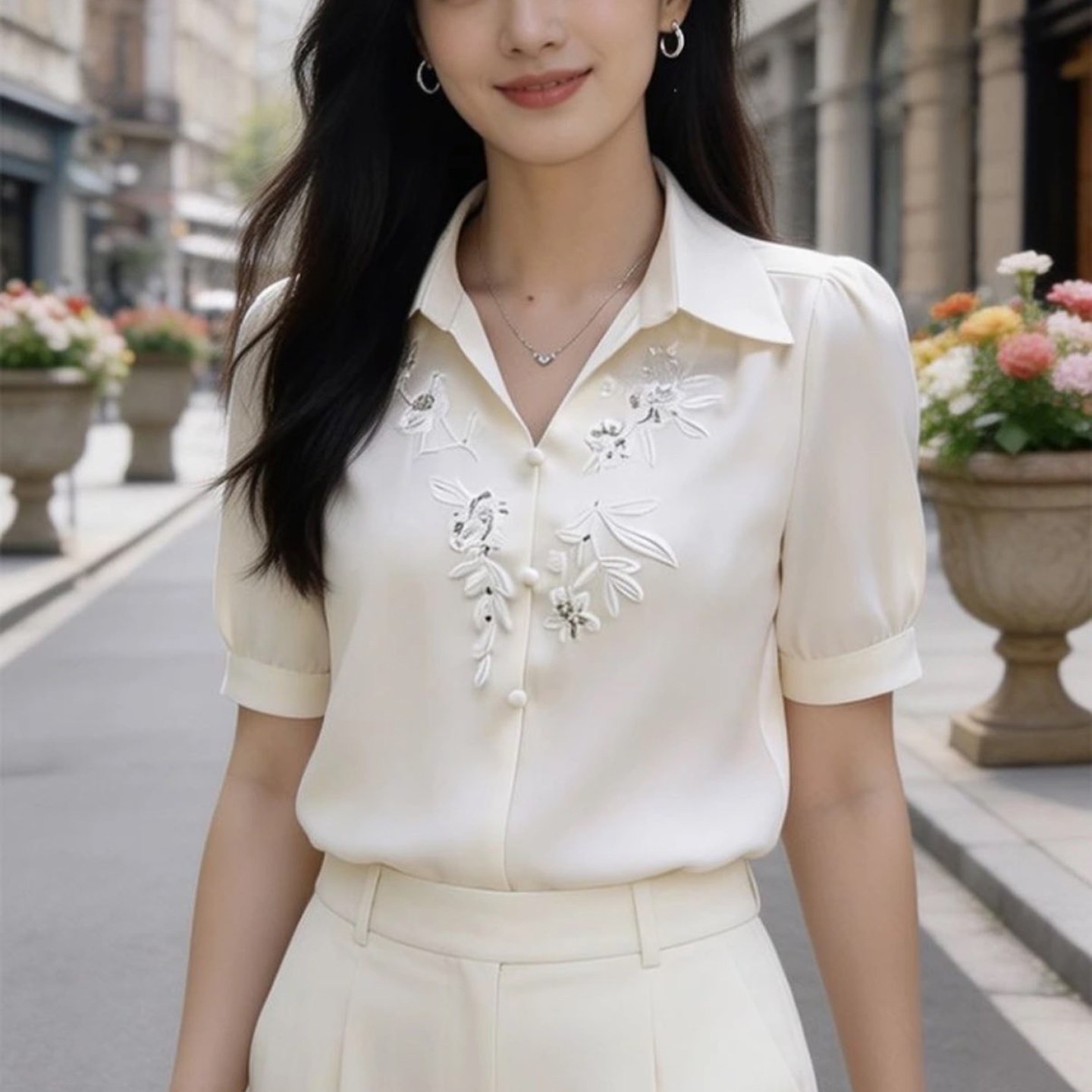 轻颜女装甄选店重工刺绣衬衫2026夏季女士款洋气短袖小衫百搭上a7