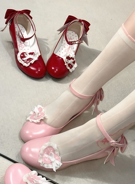 二团加注！小点心 古着感 lolita甜美复古波点坡跟蕾丝蝴蝶结单鞋
