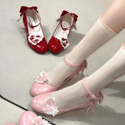 甜美古着坡跟爱心波点蝴蝶结蕾丝