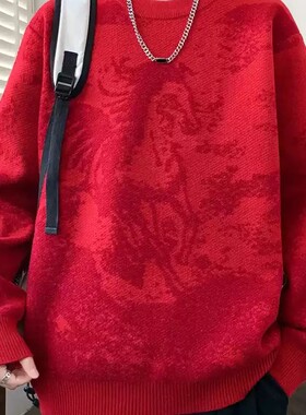 渡与行青少年男装新年款属性红色毛衣秋冬青少年套头加厚保暖打底