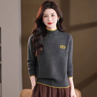 金泽女装2026秋冬季女士半高领针织毛衣宽松显瘦字母刺绣打底衫潮