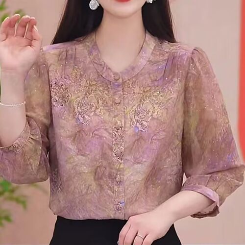 玟若女装轻奢气质印花七分袖衬衫夏季女士款圆领开衫洋气显瘦上a9