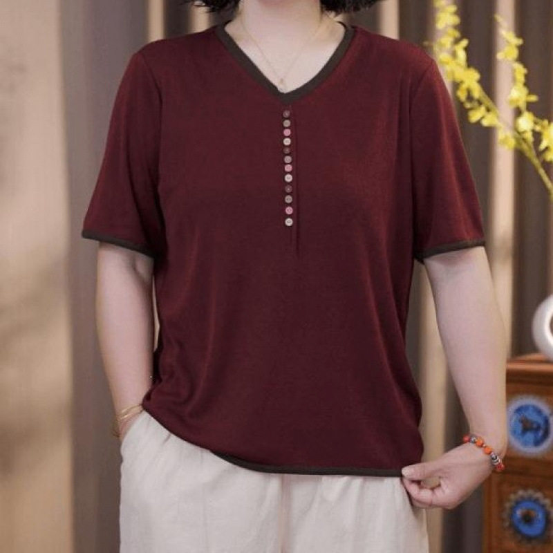 点击率女装夏季新款宽松弹力显瘦V领薄款妈妈装上衣减龄短袖T恤a7图片