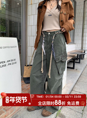 HuoHuo  琥珀松林 kitty复古工装裤女秋冬季新款2025设计感阔腿裤