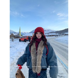 冬季 真毛领 女貉子毛领90白鸭绒厚羽绒牛仔外套 丹宁派克 HuoHuo