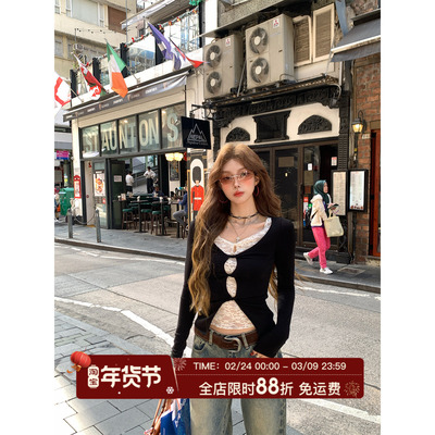 HuoHuo 蕾丝天菜 浪漫点睛2026春夏新款女撞色上衣假两件蕾丝T恤