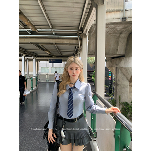 衬衫 学院风收腰长袖 女秋新款 辣妹短款 衬衣 HuoHuo 修身 耶鲁优等生