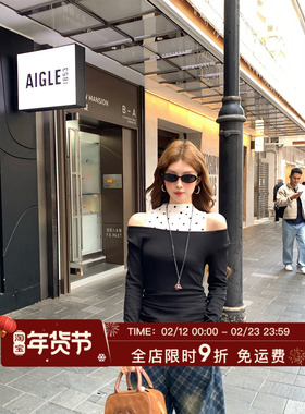 HuoHuo 叛逆波点 可盐可甜2026春夏新款女修身印花背心一字肩T恤