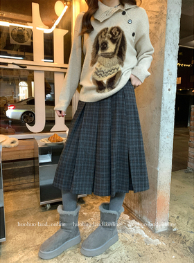 HuoHuo Mel格纹裙 英伦腔调 2025冬季新品女中长款格纹百褶半身裙