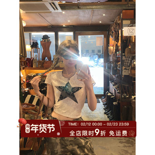 HuoHuo jennie同款 辣妹印花短袖T恤女夏季甜酷正肩修身短款上衣