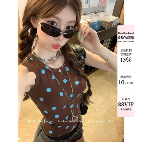 HuoHuo chic波波 ins博主风2026夏季新款上衣女波点印花无袖T恤