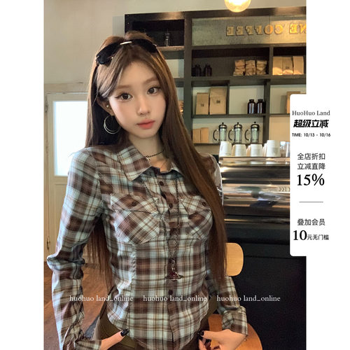 HuoHuo 蓝格效应 格调bo主风翻领美式复古撞色蓝格纹绑带修身衬衫
