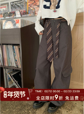 HuoHuo 秋日惬意 美式复古工装裤女秋季新款2025口袋阔腿休闲裤