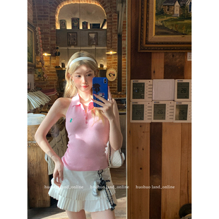 无袖 HuoHuo 翻领露背修身 纯欲polo领挂脖背心女夏季 上衣 自由假期