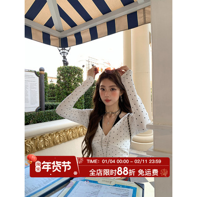 HuoHuo 波点万人迷 2026春季新款上衣女精致波点印花V领修身T恤