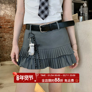 HuoHuo 爱乐之城 miu系A字压褶西装半身裙女夏季辣妹高腰显瘦短裙