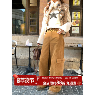 HuoHuo 长腿滤镜 利落腿型双口袋 冬季新灯芯绒保暖直筒女工装裤