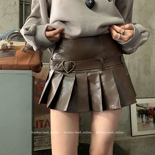 高腰压褶半身裙 复古美拉德pu皮短裙女秋新款 HuoHuo 巧克力甜心