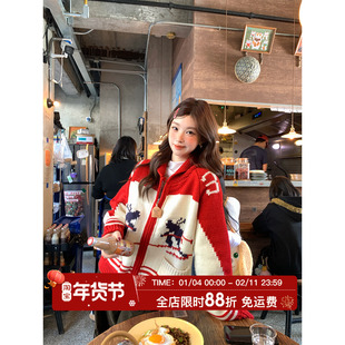 HuoHuo 圣诞来电 北欧氛围 新款女滑雪提花针织开衫宽松毛衣外套