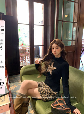 HuoHuo 豹款星星 韩式经典弹力上衣女复古半高领豹纹星星修身T恤
