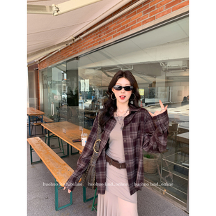 衬衫 复古翻领长袖 女秋季 新款 HuoHuo 2025宽松休闲开衫 莓果格纹