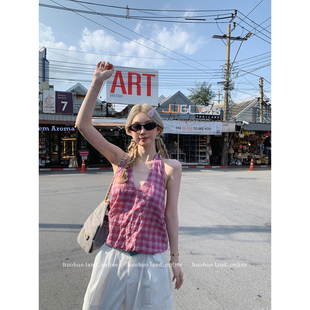 无袖 肌理感格纹吊带背心女夏季 上衣辣妹挂脖抹胸 英伦格调 HuoHuo