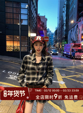 HuoHuo 格纹DNA 复古格纹衬衫裙女秋季新款翻领长袖连衣裙短裙