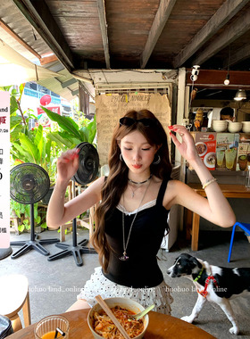 HuoHuo 撩人风向标 韩女si服2026春夏新款上衣女褶皱撞色拼接吊带