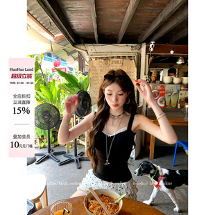 HuoHuo 撩人风向标 韩女si服2026春夏新款上衣女褶皱撞色拼接吊带