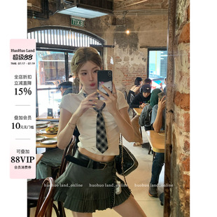 HuoHuo 辣妹学院 2026春夏新款美式甜辣领结短袖T恤女V领短上衣
