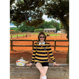 T恤女秋新款 polo领条纹长袖 宽松休闲刺绣减龄上衣 学院派 HuoHuo