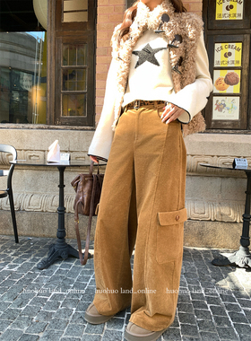 HuoHuo 长腿滤镜 利落腿型双口袋 冬季新灯芯绒保暖直筒女工装裤