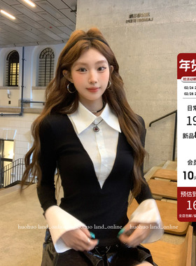 HuoHuo 2/24 20点上新88折【高智学院】学院风翻领假两件撞色上衣