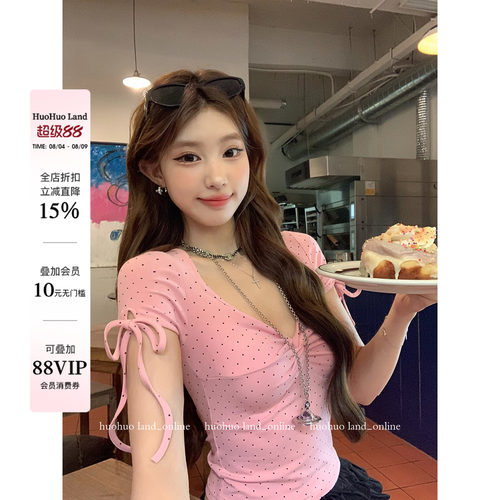 HuoHuo 桃之夭夭 浪漫甜系2026夏季新款上衣女波点扭结绑带T恤