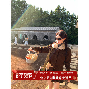 HuoHuo 焦糖深巧 美式针织袖毛领外套女秋冬季新款2025收腰上衣