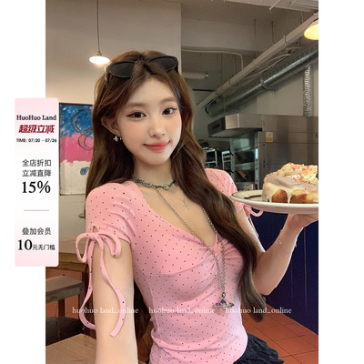 HuoHuo 桃之夭夭 浪漫甜系2026夏季新款上衣女波点扭结绑带T恤