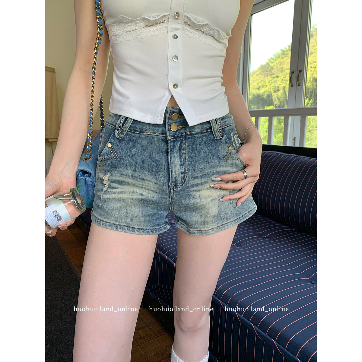 HuoHuo 复古回潮 做旧水洗牛仔短裤女夏季美式辣妹紧身弹力热裤