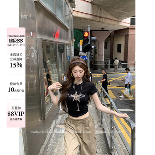 HuoHuo 豹纹星语 街头甜酷2026夏季新款上衣女豹纹字母五角星T恤