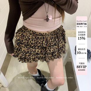 HuoHuo 豹女罗茜 野性甜辣立体剪裁多层次荷叶边豹纹麂皮短蛋糕裙