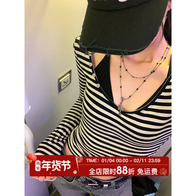 HuoHuo条纹辣妹长袖T恤女