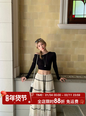 HuoHuo 御姐法则 短款斜肩长袖T恤女夏季辣妹露腰百搭修身上衣